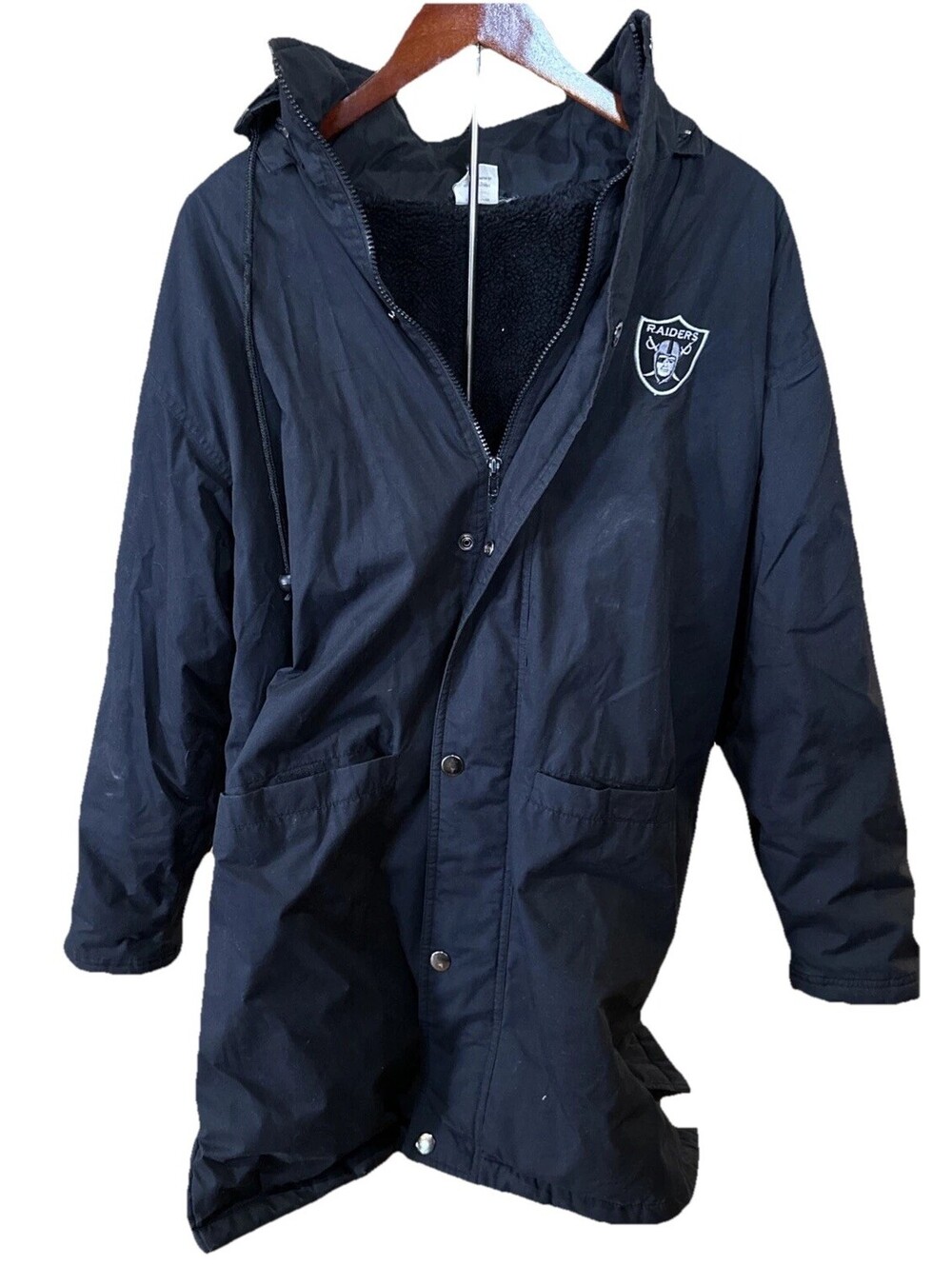 Vintage 1990s Oakland Raiders Trench Coat Size Medium NFL Streetwear Outerwear
